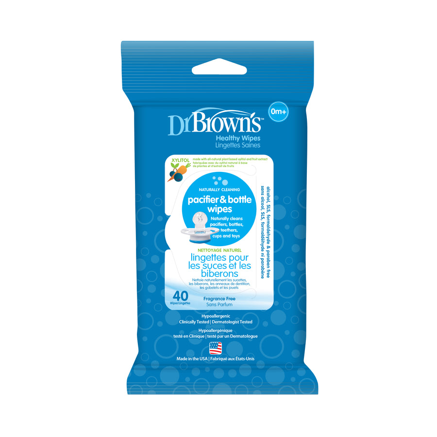 A pack of Dr. Brown's Pacifiers and Bottle Wipes, featuring 40 fragrance-free wipes in blue packaging, ideal for natural cleaning. Safe for all ages, these versatile wipes are perfect for pacifiers, teethers, and toys.