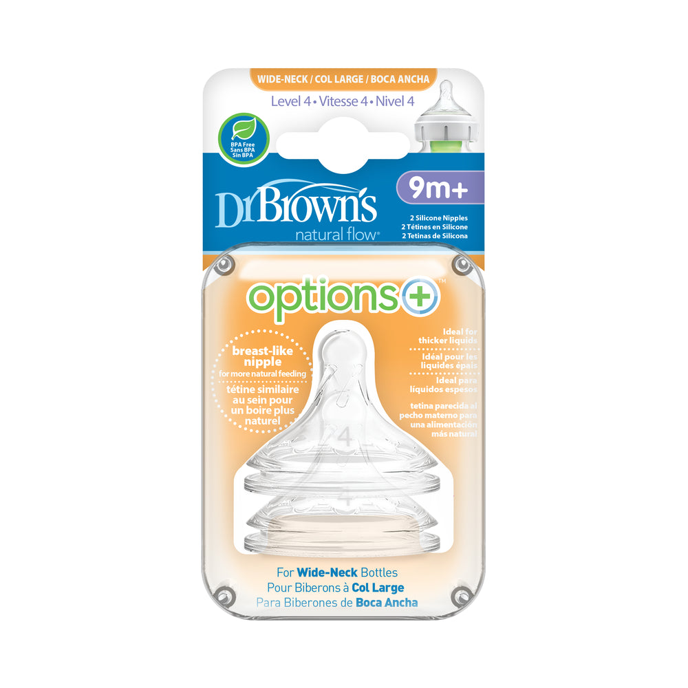 The packaging for Dr. Brown’s Natural Flow® Wide-Neck Baby Bottle Silicone Nipple, level 4, is designed for infants aged 9 months and older. It features an anti-colic system to provide comfortable feeding with two silicone nipples that allow a natural flow. The clear plastic and cardboard packaging is accented with green and orange details.