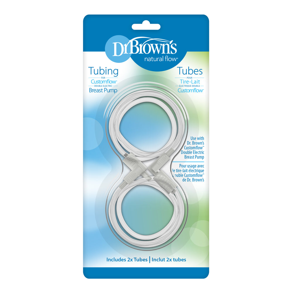 The Tubing for Customflow™ Double Electric Breast Pump, 2pk by Dr. Brown's includes two replacement tubing pieces perfect for the Dr. Brown's Breast Pump, featuring a blue background that highlights product details for easy recognition.