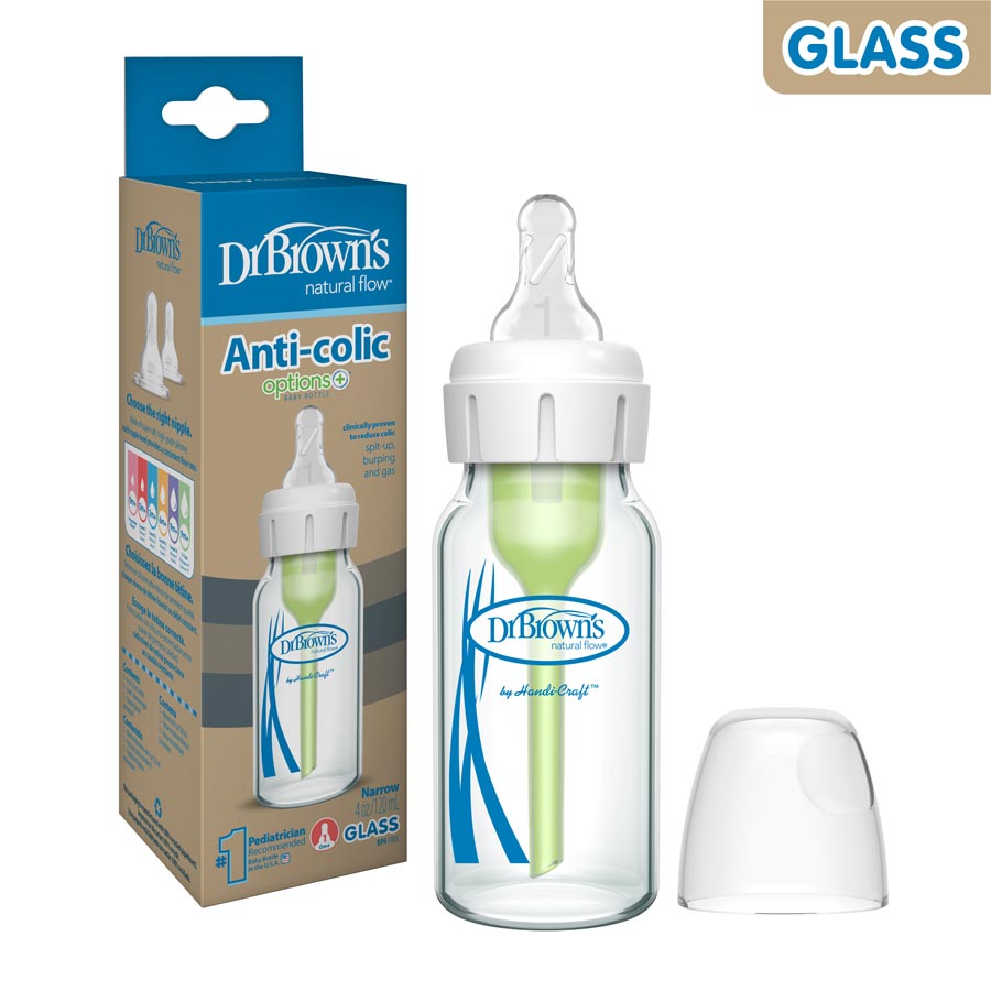 Dr. Brown's Natural Flow® Anti-Colic Options+™ Narrow Glass Baby Bottle,  with Level 1 Slow Flow Nipple