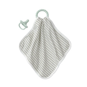 Gray striped Lovey Blanket with teether and HappyPaci Pacifier
