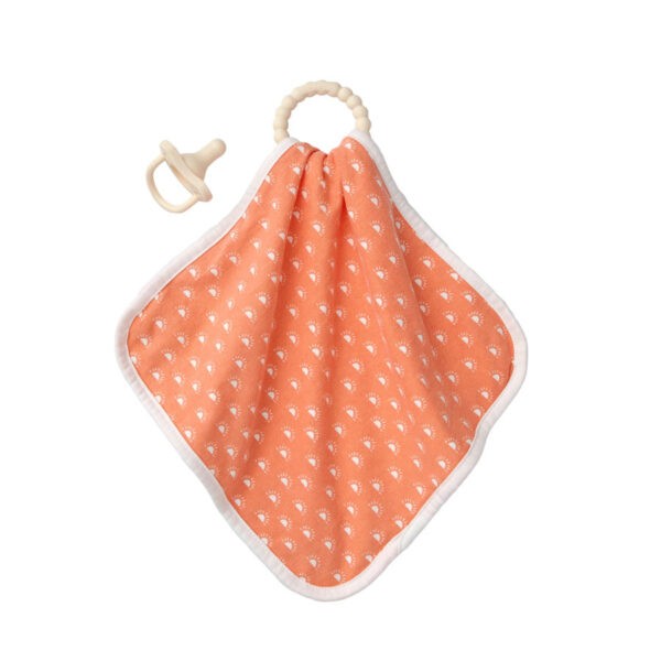 Lovey Blanket with peach suns pattern along with teether and HappyPaci Pacifier